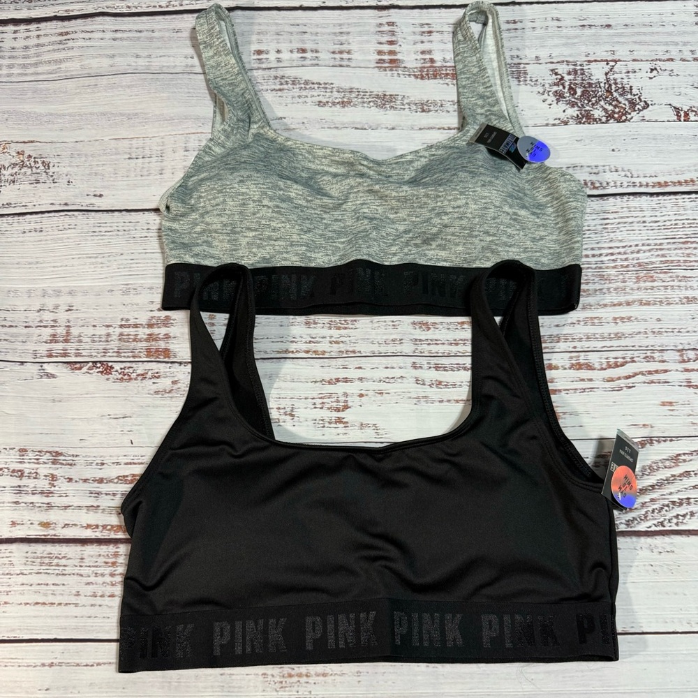 NWT PINK Victoria's Secret Pink Ultimate Double Scoop Black and Gray Sports Bras